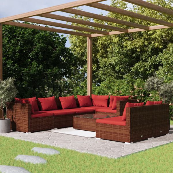 vidaXL Set Divani da Giardino 8 pz con Cuscini in Polyrattan Marrone