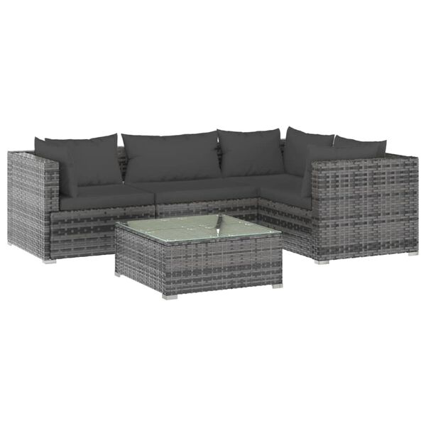 vidaXL Set Divani da Giardino 5 pz con Cuscini in Polyrattan Grigio