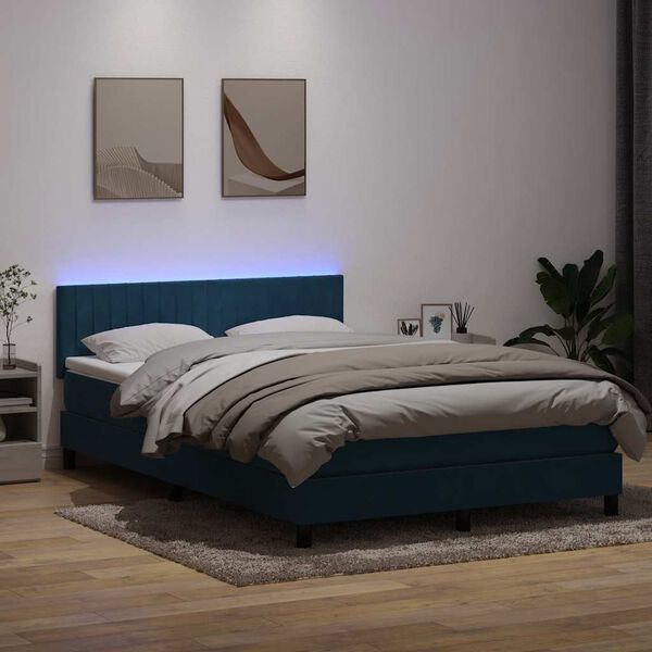 vidaXL Letto a Molle con Materasso e LED Blu Scuro 160x210 cm in Velluto