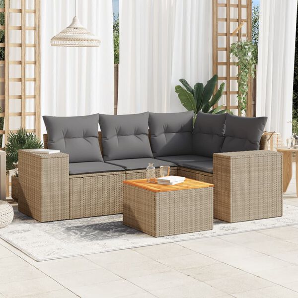 vidaXL Set Divano da Giardino 5 pz con Cuscini Beige in Polyrattan