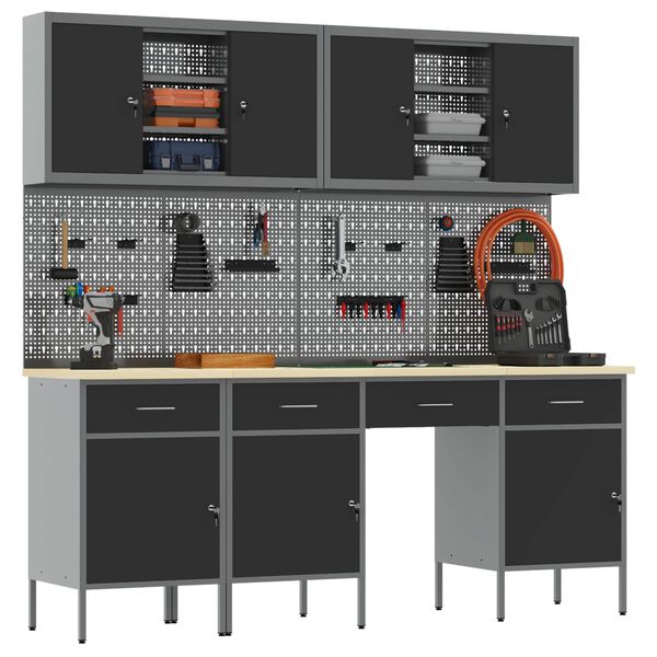 vidaXL Mobile da lavoro 10 pcs Nero Legno ingegnerizzato e acciaio