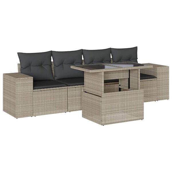 vidaXL Set Divano da Giardino 5pz con Cuscini Grigio Chiaro Polyrattan