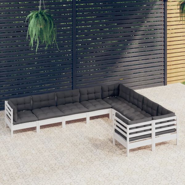 vidaXL Set Divani da Giardino 9 pz con Cuscini Bianchi Legno di Pino