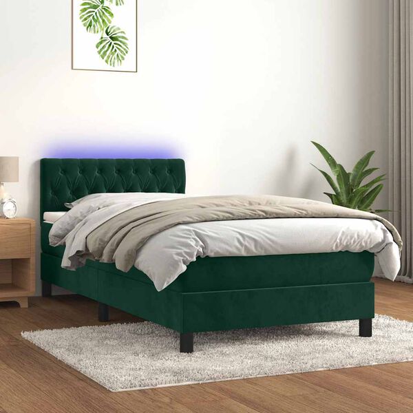 vidaXL Letto a Molle con Materasso e LED Verde Scuro 90x190 cm Velluto