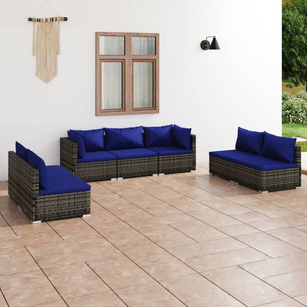 vidaXL Set Divani da Giardino 7 pz con Cuscini in Polyrattan Grigio
