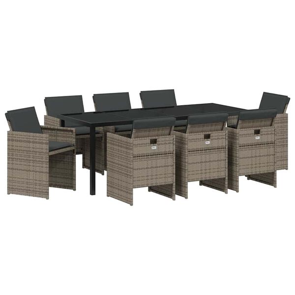 vidaXL Set da Pranzo per Giardino con cuscino 9 pcs Grigio polyrattan