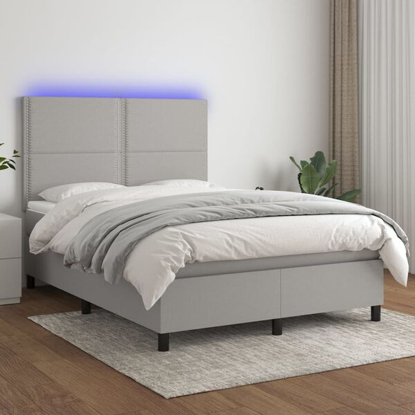 vidaXL Letto a Molle Materasso e LED Grigio Chiaro 140x200 cm Tessuto