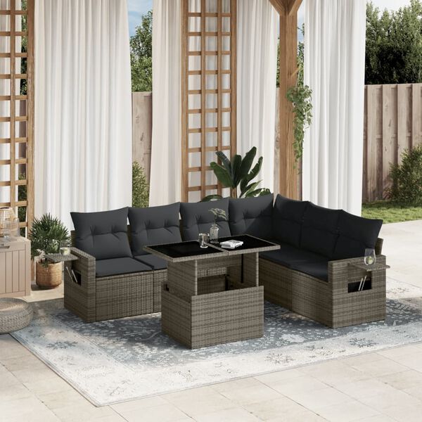 vidaXL Set Divani da Giardino 7 pz con Cuscini Grigio in Polyrattan