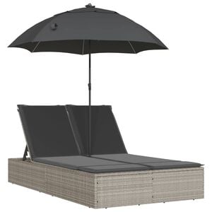 vidaXL Lettino Prendisole Cuscini e Parasole Grigio Chiaro Polyrattan