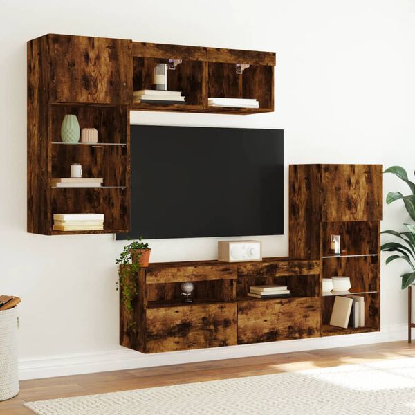 vidaXL Mobili TV a Muro con LED 5pz Rovere Fumo in Legno Multistrato