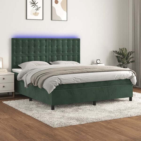 vidaXL Letto a Molle con Materasso e LED Verde Scuro 160x200cm Velluto