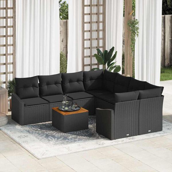 vidaXL Set Divano da Giardino con cuscino 9 pcs Nero polyrattan