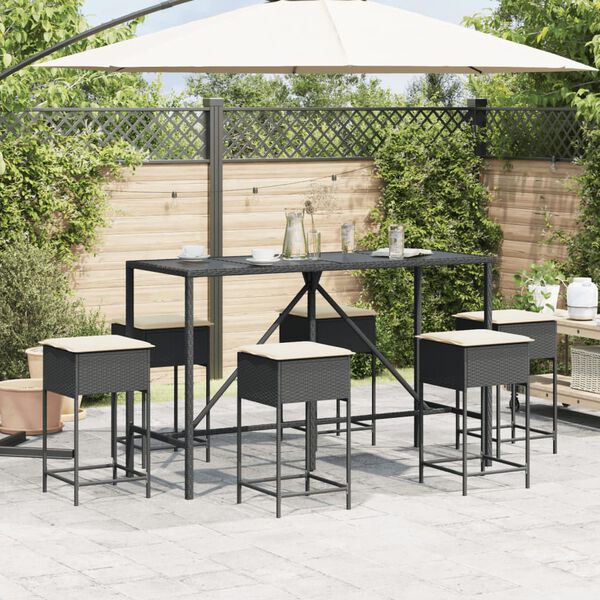 vidaXL Set Bar da Giardino 7 pz con Cuscini in Polyrattan Nero