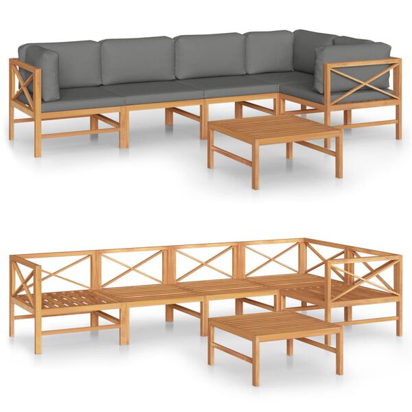 vidaXL Set Divani da Giardino 6pz Cuscini Grigi Legno Massello di Teak