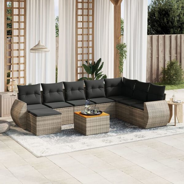 vidaXL Set Divano da Giardino 9 pz con Cuscini Grigio in Polyrattan