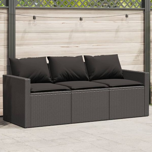 vidaXL Divano da Giardino a 3 Posti con Cuscini Nero in Polyrattan