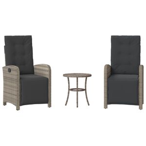 vidaXL Set da Bistr&ograve; 3 pz con Cuscini Grigio in Polyrattan