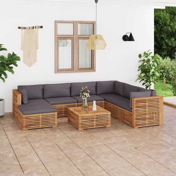 vidaXL Set Divani da Giardino 8 pz Cuscini Grigio Scuro Legno di Teak