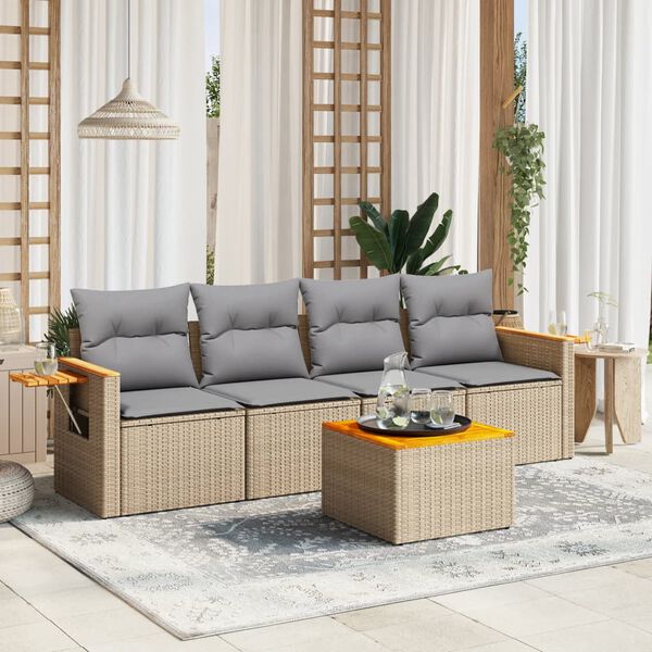 vidaXL Set Divano da Giardino 5 pz con Cuscini Beige in Polyrattan