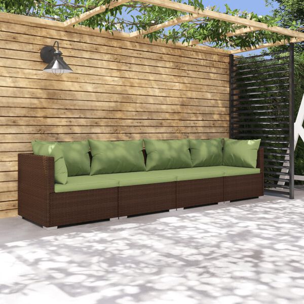 vidaXL Set Divani da Giardino 4 pz con Cuscini in Polyrattan Marrone