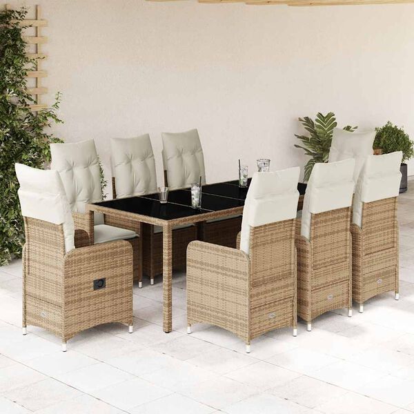 vidaXL Set da Bistr&ograve; da Giardino 9 pz con Cuscini Beige in Polyrattan