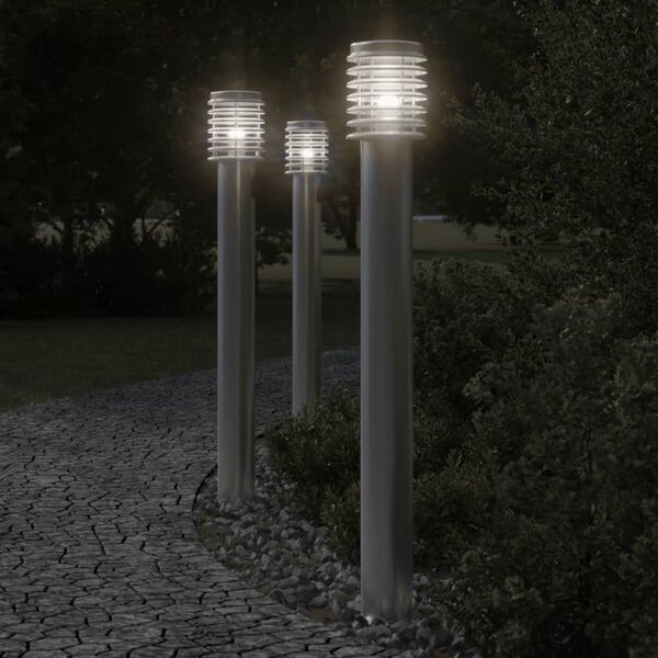 vidaXL Lampade da Terra Esterni con Presa 3 pz Argento 110 cm Acciaio