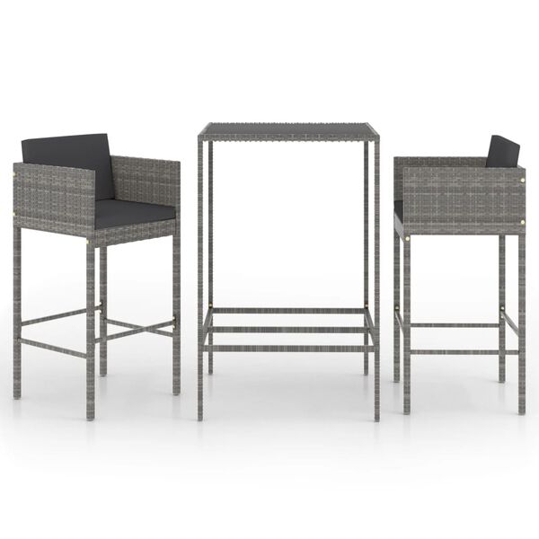 vidaXL Set Bar da Giardino 3 pz con Cuscini in Polyrattan Grigio