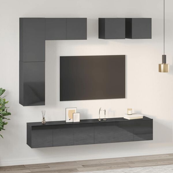 vidaXL Set Mobili TV 8 pz Grigio Lucido in Legno Multistrato