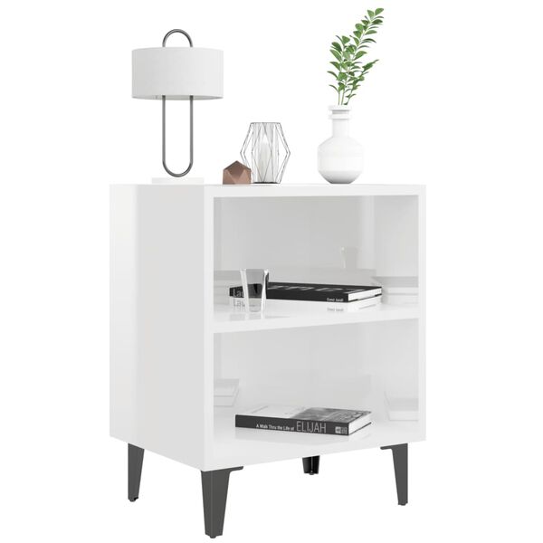 vidaXL Comodino con Gambe in Metallo Bianco Lucido 40x30x50 cm