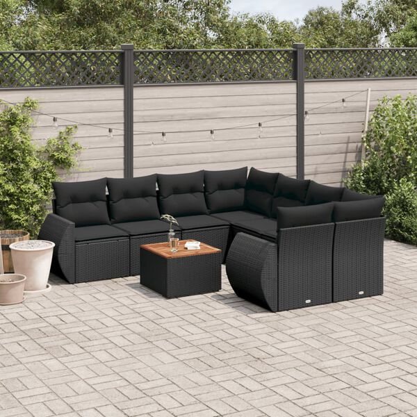 vidaXL Set Divani da Giardino 9 pz con Cuscini Nero in Polyrattan