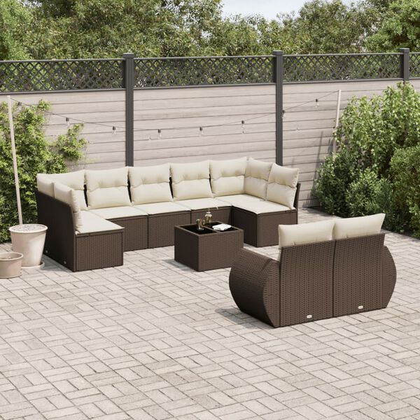 vidaXL Set Divani da Giardino 10pz con Cuscini in Polyrattan Marrone