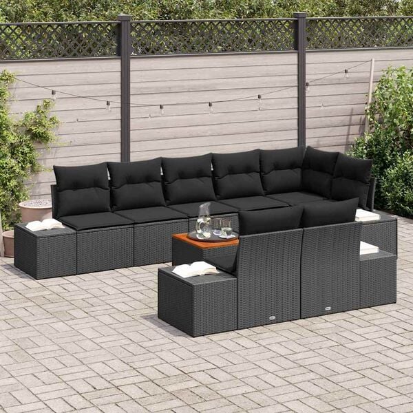 vidaXL Set Divano da Giardino con cuscino 9 pcs Nero polyrattan