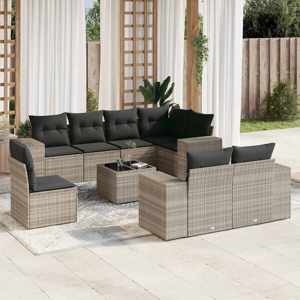 vidaXL Set Divano da Giardino 9pz con Cuscini Grigio Chiaro Polyrattan