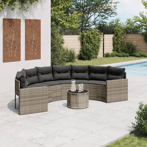 vidaXL Divano Giardino Tavolo Cuscini Semicircolare Grigio Polyrattan