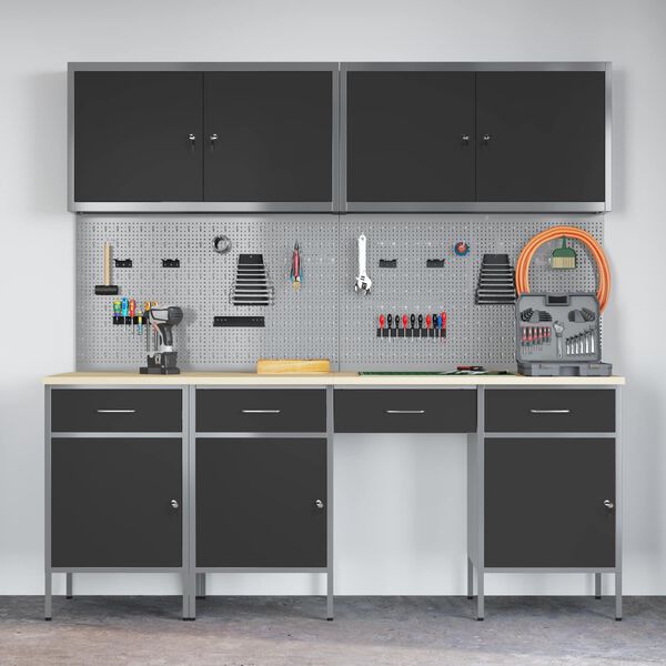 vidaXL Mobile da lavoro 10 pcs Nero Legno ingegnerizzato e acciaio