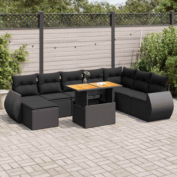 vidaXL Set Divani da Giardino 9 pz con Cuscini Nero in Polyrattan