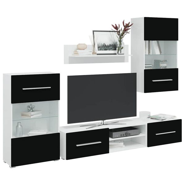vidaXL Mobili con Vetrina Parete Unità TV 5 pz con Luci LED Nero