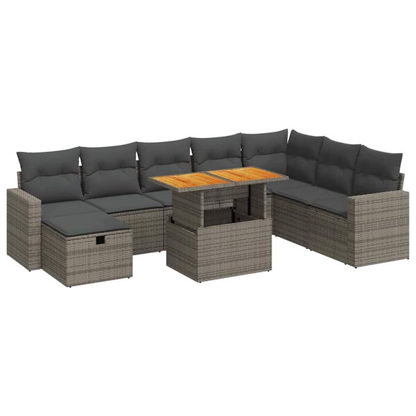 vidaXL Set Divano da Giardino 9pz con Cuscini Grigio Polyrattan Acacia