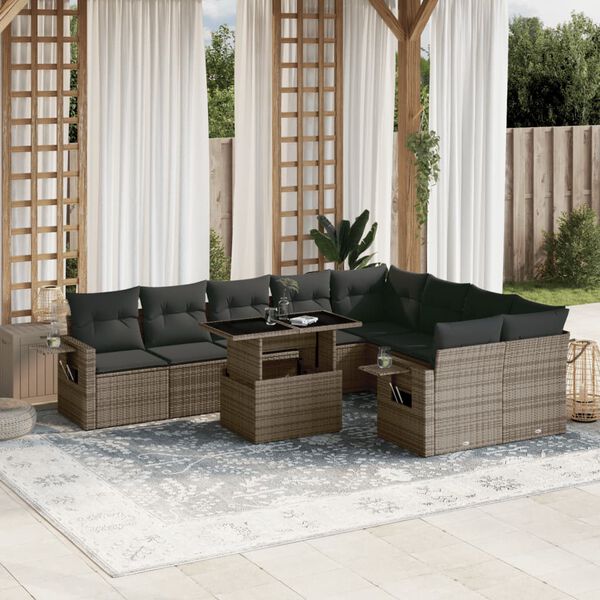 vidaXL Set Divano da Giardino 10 pz con Cuscini Grigio in Polyrattan