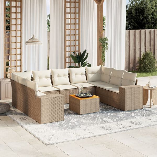 vidaXL Set Divano da Giardino 10 pz con Cuscini Beige in Polyrattan