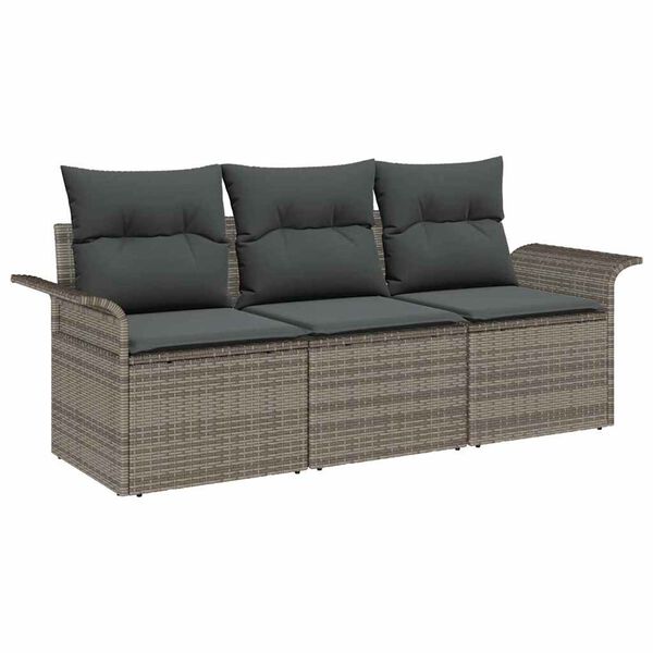 vidaXL Set Divano da Giardino con cuscino 3 pcs Grigio Poly Rattan