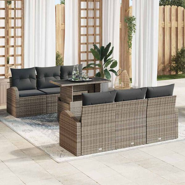 vidaXL Set Divano da Giardino con cuscino 7 pcs Grigio Poly Rattan