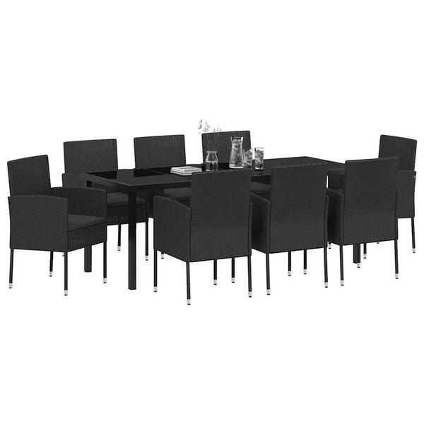 vidaXL Set da Pranzo per Giardino con cuscino 9 pcs Nero polyrattan