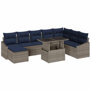 vidaXL Set Divano da Giardino con cuscino 9 pcs Grigio e Blu Navy