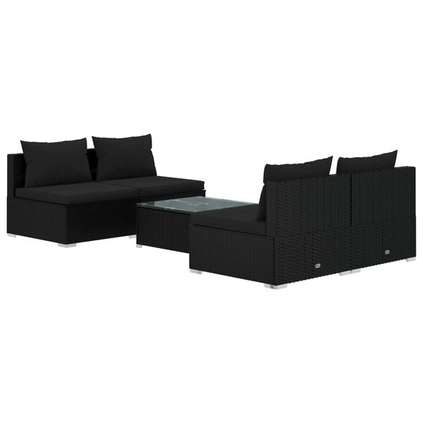 vidaXL Set Divani da Giardino 5 pz con Cuscini in Polyrattan Nero