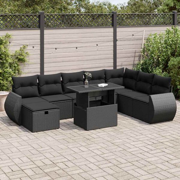vidaXL Set Divani da Giardino 9 pz con Cuscini Nero in Polyrattan