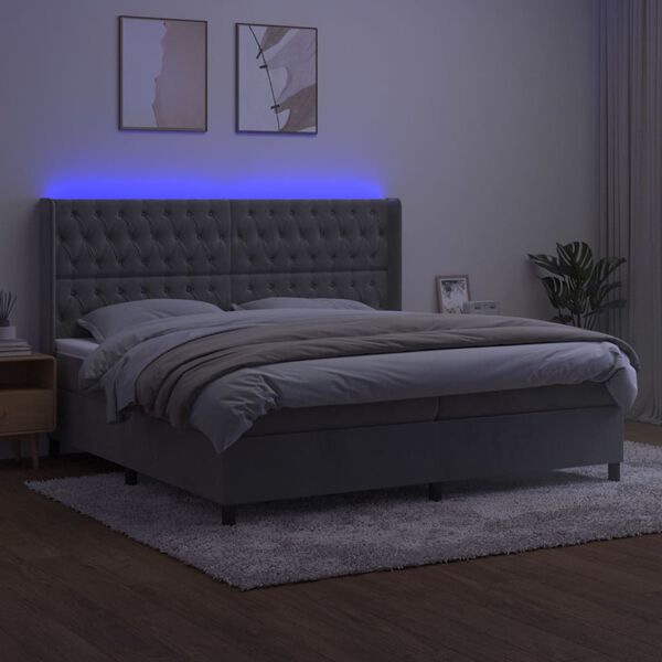 vidaXL Letto a Molle Materasso e LED Grigio Chiaro 200x200 cm Velluto