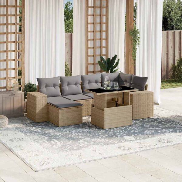 vidaXL Set Divani da Giardino 7 pz con Cuscini Beige in Polyrattan
