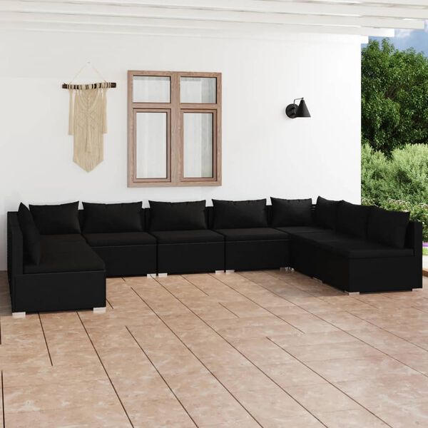 vidaXL Set Divani da Giardino 9 pz con Cuscini in Polyrattan Nero