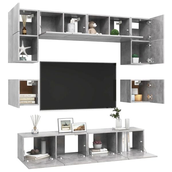 vidaXL Set di Mobili Porta TV 8 pz Grigio Cemento in Legno Multistrato